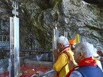 Jammu and Kashmir Lieutenant Governor Manoj Sinha offering prayers during the ‘Pratham Puja’, marking the commencement of the annual Amarnath Yatra, at Shri Amarnath cave temple, in Anantnag district on Monday. (PTI Photo)