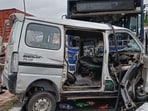 New Delhi, India - July 06, 2023: Spot of accident where three people were killed and eight others sustained injuries after a van collided with a DTC bus on the flyover near Loni Gol Chakkar in northeast Delhi’s Jyoti Nagar in New Delhi on Thursday, July 6, 2023.(HT PHOTO)