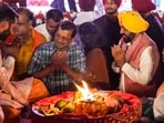 AAP national convener Arvind Kejriwal and Punjab CM Bhagwant Mann during a devotional music programme organised by the state government in Amritsar