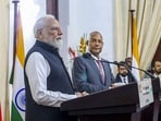Prime Minister Narendra Modi and Seychelles President Patrick Herminie during a joint press statement, in Seychelles. (PMO via PTI)