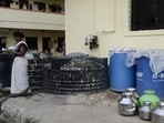 Pune, India, June 26, 2017 : Phursungi Gram Panchayat puts Water storage tanks in various places of Phursungi, Pune Municipal Corporation supplies water through Water tanker in this tanks once in a 10 days at Harpale vasti Phursungi, Pune, India on June 26, 2017. (Prachi Bari story). (Ravindra Joshi /HT Photo).