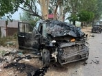 The victims’ ill-fated Maruti Baleno that rammed into a Hyundai Creta in Kishangarh, Jalandhar, after jumping past the divider. (HT)
