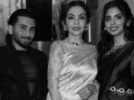 Orry poses with Nita Ambani and Isha Ambani during a gala hosted by the family. 