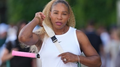 Serena Williams of the United States arrives to practice one day ahead of the start of the Wimbledon Tennis Championships in London, Sunday, June 28, 2026. (AP Photo/Kin Cheung) (AP Photo/Kin Cheung)