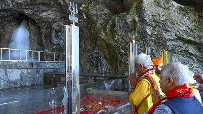 Jammu and Kashmir Lieutenant Governor Manoj Sinha offering prayers during the ‘Pratham Puja’, marking the commencement of the annual Amarnath Yatra, at Shri Amarnath cave temple, in Anantnag district on Monday. (PTI Photo) Jammu and Kashmir Lieutenant Governor Manoj Sinha offering prayers during the ‘Pratham Puja’, marking the commencement of the annual Amarnath Yatra, at Shri Amarnath cave temple, in Anantnag district on Monday. (PTI Photo)