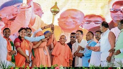 Uttar Pradesh chief minister Yogi Adityanath at a public meeting in Pilibhit on Monday. (PTI PHOTO) Uttar Pradesh chief minister Yogi Adityanath at a public meeting in Pilibhit on Monday. (PTI PHOTO)