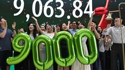 South Korea's benchmark stock index, which fell 10% on Tuesday, topped 9,000 earlier in the month. South Korea's benchmark stock index, which fell 10% on Tuesday, topped 9,000 earlier in the month.