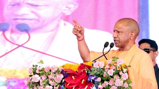 Uttar Pradesh Chief Minister Yogi Adityanath speaks during the inauguration and foundation stone laying program of 143 development projects, in Hathras on Sunday. (X/@CMOfficeUP)
