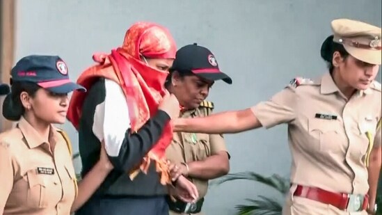 Accused Siya Goyal being taken to be produced before the court in relation to Ketan Agarwal murder case, in Lonavala on Monday. (ANI Video Grab)