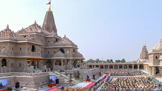 People attend the 'Dhwajarohan' ceremony at the Ram Temple, in Ayodhya, Uttar Pradesh. (X/@NarendraModi)