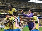 Brazil's players celebrate their second goal during the 2026 World Cup round of 32 football match between Brazil and Japan at the Houston Stadium in Houston. (AFP)