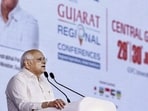 Gujarat chief minister Bhupendra Patel at the ‘Vibrant Gujarat Regional Conference’ in Vadodara on Monday. (X)