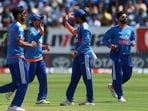 India's players celebrate the wicket of Ireland's Ross Adair during the second T20I. (AP)