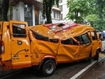 Mumbai, India. June 30, 2026 - Vihan Srivastav, an 11-year-old student, died, and four other children were injured when a large tree collapsed onto their school bus on Road No 11 in Chembur, Mumbai, India. June 30, 2026. (Photo by Raju Shinde/HT Photo) (Raju Shinde)