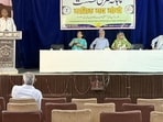 Only one person as audience in the hall for a literary gathering. (HT Photo)
