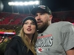 Kansas City Chiefs tight end Travis Kelce, right, is congratulated by Taylor Swift as they celebrate the Chiefs' victory over the Buffalo Bills in the AFC Championship NFL football game, Jan 26, 2025, in Kansas City.