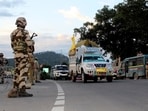 The Jammu & Kashmir Union Territory administration along with police personnel and security forces conduct a dry run of the Amarnath Yatra on the Jammu-Srinagar highway, in Udhampur. (ANI)