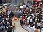 The demonstrators demanded a fair investigation and strict action against those responsible for the alleged medical negligence that led to the death of 23-year-old Manju Sharma following childbirth on June 21. (Aqil Khan/HT)
