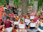 The protesters outside the civil surgeon’s office in Ludhiana on Tuesday. (Manish/HT) The protesters outside the civil surgeon’s office in Ludhiana on Tuesday. (Manish/HT)