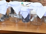 The seized material displayed by police officials