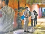 The spot in Tara Apartments where the father and son were stabbed to death on April 17. (Hindustan Times)