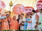 Uttar Pradesh chief minister Yogi Adityanath at a public meeting in Pilibhit on Monday. (PTI PHOTO)