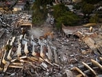 This aerial view shows destroyed buildings in Caraballeda, La Guaira State, Venezuela.