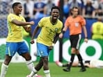 Brazil's Vinicius Junior and Endrick celebrate after the match.