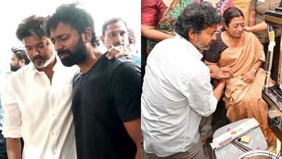 TN CM-actor C Joseph Vijay at K Bhagyaraj's funeral with Shanthnu and his mother. TN CM-actor C Joseph Vijay at K Bhagyaraj's funeral with Shanthnu and his mother.