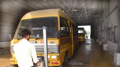 Ghaziabad, India - May 02, 2022: School buses undergo performance test at the Vehicle Fitness Testing Center in Dasna in Ghaziabad, India on Monday, May 02, 2022. (Photo by Sakib Ali/Hindustan Times) Ghaziabad, India - May 02, 2022: School buses undergo performance test at the Vehicle Fitness Testing Center in Dasna in Ghaziabad, India on Monday, May 02, 2022. (Photo by Sakib Ali/Hindustan Times)