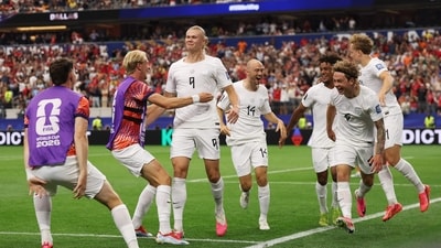 Erling Haaland #9 of Norway celebrates with teammates after scoring the team's second goal. (Getty Images via AFP) Erling Haaland #9 of Norway celebrates with teammates after scoring the team's second goal. (Getty Images via AFP)