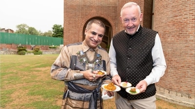 Chef Suvir Saran with Didier Vanderhasselt, the Ambassador of Belgium to India, Bhutan, Bangladesh, Nepal, Sri Lanka and the Maldives (Credits: Raajessh Kashyap/HT)