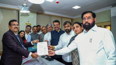 Mumbai, Jun 30 (ANI): Former Uddhav Thackeray-led Shiv Sena (UBT) MLC Sachin Ahir joins the Eknath Shinde-led Shiv Sena and files his nomination for the Deputy Chairman position in the Maharashtra Legislative Council, in Mumbai on Tuesday. Maharashtra Chief Minister Devendra Fadnavis and Maharashtra Deputy Chief Ministers Sunetra Ajit Pawar and Eknath Shinde present. (@Devendra_Office X/ANI Photo) (@Devendra_Office X) Mumbai, Jun 30 (ANI): Former Uddhav Thackeray-led Shiv Sena (UBT) MLC Sachin Ahir joins the Eknath Shinde-led Shiv Sena and files his nomination for the Deputy Chairman position in the Maharashtra Legislative Council, in Mumbai on Tuesday. Maharashtra Chief Minister Devendra Fadnavis and Maharashtra Deputy Chief Ministers Sunetra Ajit Pawar and Eknath Shinde present. (@Devendra_Office X/ANI Photo) (@Devendra_Office X)