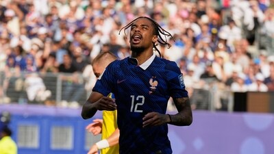 France's Bradley Barcola scored the second goal of the game, giving Les Bleus a 2-0 lead in the second half.&nbsp; (AP Photo/Seth Wenig)