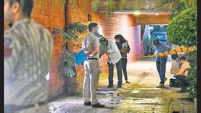 The spot in Tara Apartments where the father and son were stabbed to death on April 17. (Hindustan Times)