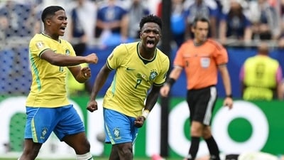 Brazil's Vinicius Junior and Endrick celebrate after the match. Brazil's Vinicius Junior and Endrick celebrate after the match.