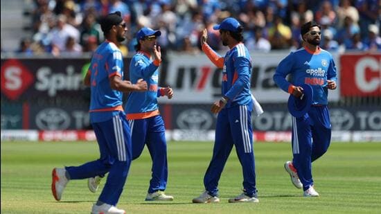 India's players celebrate the wicket of Ireland's Ross Adair during the second T20I. (AP)