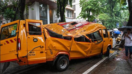 Mumbai, India. June 30, 2026 - Vihan Srivastav, an 11-year-old student, died, and four other children were injured when a large tree collapsed onto their school bus on Road No 11 in Chembur, Mumbai, India. June 30, 2026. (Photo by Raju Shinde/HT Photo) (Raju Shinde)