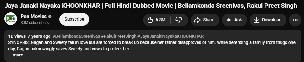 Khoonkhar, Jaya Janaki Nayaka's Hindi version, crossed 1 billion views on YouTube. Khoonkhar, Jaya Janaki Nayaka's Hindi version, crossed 1 billion views on YouTube.