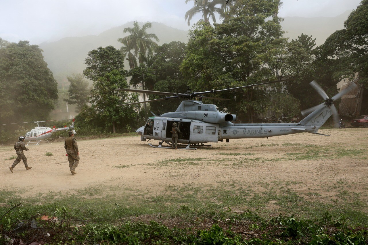 A U.S. Marines helicopter sets down in Caraballeda, Venezuela (in La Guaira state) on Sunday to deliver groceries to the area hit hard by the twin earthquakes. A U.S. Marines helicopter sets down in Caraballeda, Venezuela (in La Guaira state) on Sunday to deliver groceries to the area hit hard by the twin earthquakes.