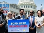 Representative Greg Casar, a Democrat from Texas, center, joined by House Democratic Party caucus chairs, speaks during a news conference on the US Supreme Court birthright citizenship decision outside the US Capitol in Washington.