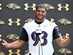 Calais Campbell #93 of the Baltimore Ravens talks to the media after Baltimore Ravens Mandatory Minicamp at Under Armour Performance Center on June 09, 2026 in Owings Mills, Maryland. 