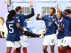 French players celebrate their victory against Sweden in Round of 32 of the FIFA World Cup 2026 on June 30. (AFP)
