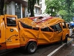 A large peepal tree collapsed into a school bus on Road No 11 in Chembur, Mumbai. 