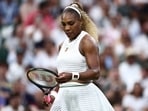 US player Serena Williams reacts as she plays against Australia's Maya Joint during their women's singles first round tennis match on the second day of the 2026 Wimbledon Championships