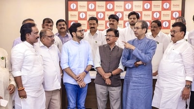 Shiv Sena (UBT) faction leader Uddhav Thackeray and other leaders during a meeting last week. (@AUThackeray) Shiv Sena (UBT) faction leader Uddhav Thackeray and other leaders during a meeting last week. (@AUThackeray)