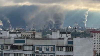 An image obtained from social media shows smoke rising from a Moscow oil refinery after a drone strike in June.