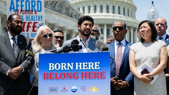Representative Greg Casar, a Democrat from Texas, center, joined by House Democratic Party caucus chairs, speaks during a news conference on the US Supreme Court birthright citizenship decision outside the US Capitol in Washington. (Bloomberg)