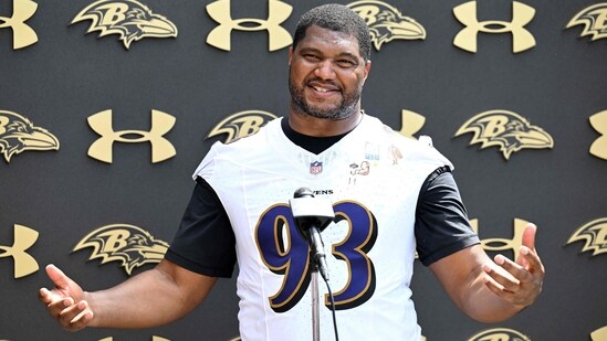 Calais Campbell #93 of the Baltimore Ravens talks to the media after Baltimore Ravens Mandatory Minicamp at Under Armour Performance Center on June 09, 2026 in Owings Mills, Maryland. (Getty Images via AFP)