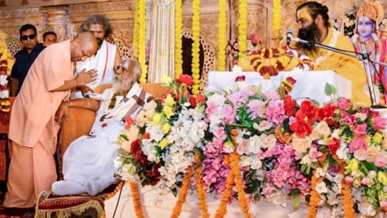 File photo of Uttar Pradesh Chief Minister Yogi Adityanath with Mahant Nritya Gopal Das (second from Left), in Ayodhya, Uttar Pradesh. (PTI)